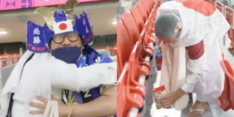 Viral fans Jepang pungut sampah di Stadion Al Bayt Piala Dunia 2022 Qatar. (Twitter)