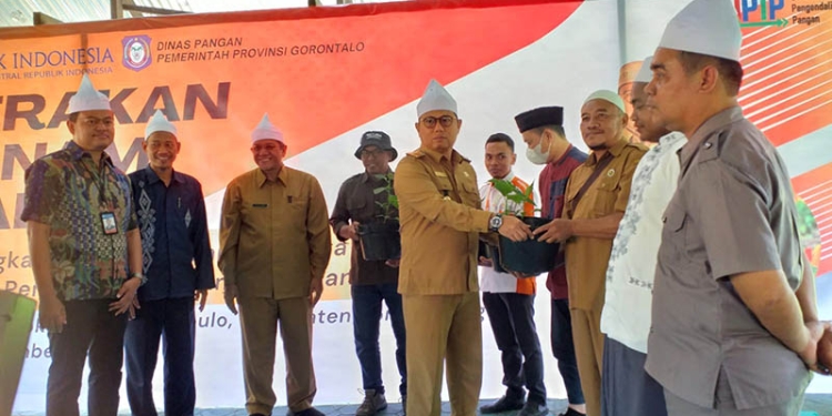 Penjabat Gubernur Gorontalo, Hamka Hendra Noer, bersama Plt Kepala Perwakilan BI Gorontalo, Miftahul Huda (kiri) membagikan bibit cabai di Pondok Pesantren Hubulo, Bone Bolango, Selasa (8/11/2022). (Indra/gopos)