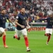 Bek timnas Prancis #22 Theo Hernandez (kanan) melakukan selebrasi dengan penyerang #10 Kylian Mbappe dan rekan-rekannya setelah mencetak gol pertama timnya selama pertandingan semifinal Piala Dunia 2022 Qatar antara Prancis vs Maroko di Stadion Al-Bayt di Al Khor, sebelah utara dari Doha pada Kamis (15/12/2022) dini hari WIB. KARIM JAAFAR/AFP.GABRIEL BOUYS / AFP