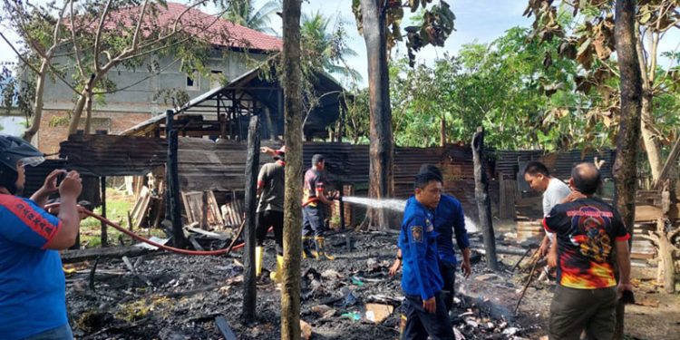 Petugas pemadam kebakaran Bone Bolango memadamkan kebakaran kandang yang di Kelurahan Pauwo, Kecamatan Kabila, Bone Bolango, Jumat (30/12/2022)