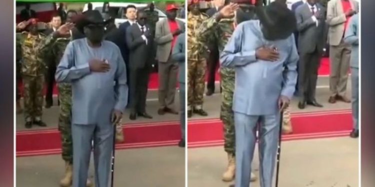 Presiden Sudan Selatan Salva Kiir ngompol. (Twitter @basri)