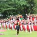 Marching Band SMP Negeri 1 Molibagu, Kabupaten Bolaang Mongondow Selatan yang baru saja menjadi juara umum pada Center Point Marching dan Drumband Competition saat menampilkan atraksi di Peringatan HUT ke- 20 Tahun Bone Bolango, di Halaman Kantor Bupati, Jumat (27/1/2023). (Foto Yudi/Sespri Wabup)