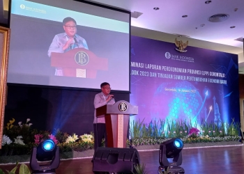 Kepala Perwakilan Bank Indonesia Provinsi Gorontalo, Ronny W. Purubaskoro, menyampaikan laporan perekonomian provinsi Gorontalo outlook 2023, Senin (16/1/2023). (hasan/gopos)