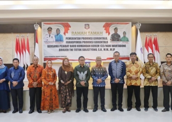 Penyambutan Pejabat Baru Komandan Korem 133/Nani Wartabone, Brigjen TNI Totok Sulistyono oleh Forkopimda Provinsi Gorontalo, Selasa (3/1/2023). (hms/deprov)