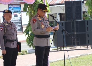 Kapolda Gorontalo, Irjen Pol Helmy Santika saat memberikan sambutan dan arahan pada proses pelantikan AKBP Muhammad Alli menjadi Kapolres Bone Bolango, Rabu (4/1/2023). (Foto Humas Polres Bone Bolango)