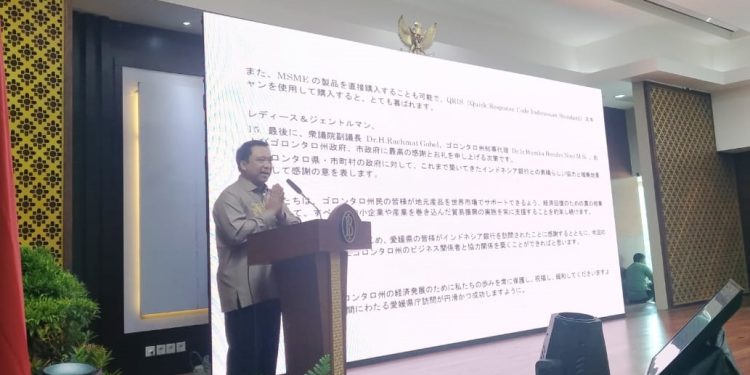 Kepala KPw BI Provinsi Gorontalo Dian Nugara memberikan sambutan pada kunjuangan kerja Pemerintah Ehime Jepang di Gorontalo, Kamis (19/1/2023) (muhajir/gopos)