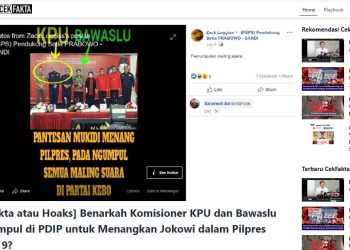 Tangkapan layar cekfakta.com mengenai konten hoaks Komisioner KPU dan Bawaslu memberikan dukungan kepada Jokowi-Ma'ruf pada Pemilu 2019. Konten Hoaks ini mempengaruhi kepercayaan publik terhadap KPU sebagai penyelenggara Pemilu