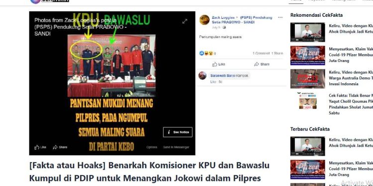 Tangkapan layar cekfakta.com mengenai konten hoaks Komisioner KPU dan Bawaslu memberikan dukungan kepada Jokowi-Ma'ruf pada Pemilu 2019. Konten Hoaks ini mempengaruhi kepercayaan publik terhadap KPU sebagai penyelenggara Pemilu