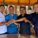 Sekretaris NasDem Gorontalo, Ridwan Monoarfa (kanan), Ketua DPD NasDem Boalemo (kedua kanan), Syarif Mbuinga (tengah), Ketua Bappilu NasDem Gorontalo, Rustam Akili (kedua kiri), dan Ketua DPD NasDem Pohuwato (kiri) berpose bersama