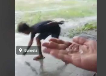 Warga Desa Bumela, Kecamatan Bilato, mengumpulkan butiran hujan es.