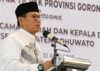 Camat dan Kades se-Pohuwato menghadiri silaturahmi dengan Penjagub Gorontalo, Hamka Hendra Noer, di Gedung Universitas Pohuwato, Sabtu (1/4/2023). (Foto : Haris)