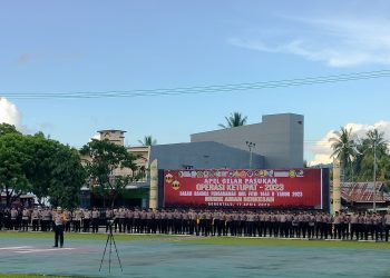 Apel Gelar Pasukan Operasi Kepolisian Terpusat Ketupat Otanaha 2023 dalam rangka pengamanan Idul Fitri 1444 Hijriah di lapangan Polda Gorontalo, Senin (17/4/2023). (Foto: Putra/Gopos)