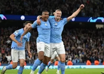 Selebrasi para pemain Manchester City setelah gol bunuh diri Eder Militao dalam pertandingan leg kedua semifinal Liga Champions di Etihad Stadium pada 18 Mei 2023. Manchester City berhasil melangkah ke final Liga Champions 2022/23 setelah menang agregat 5-1 atas juara bertahan Real Madrid. ANTARA/AFP/Oli SCARFF