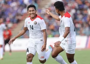 Pemain Timnas U-22 berselebrasi setelah menjebol gawang Timor Leste (pssi)