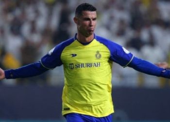 Penyerang Al Nassr, Cristiano Ronaldo bereaksi setelah mencetak gol selama pertandingan pekan ke-28 Liga Arab Saudi 2022-2023 antara Al-Nassr vs Al-Shabab di Stadion al-Awwal Park di Riyadh pada 23 Mei 2023.Fayez NURELDINE / AFP.