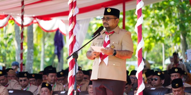 Menteri Agama Yaqut Cholil Qoumas saat membuka PWN PTK ke XVI di Bumi Perkemahan Gorontalo, Senin (22/5/2023). (F. Kemenag Sulut/istimewa)