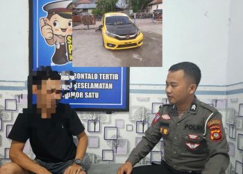 RAB (25) pengemudi Honda Brio warna kuning yang menjadi pelaku tabrak lari akhirnya menyerahkan diri ke Satlantas Polresta Gorontalo Kota, Senin dini hari (15/5/2023).
