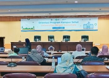 Kementerian Kesehatan Republik Indonesia (Kemenkes RI) bersama Dinas Kesehatan Provinsi Gorontalo berkomitmen menciptakan kampus sehat di Universitas Negeri Gorontalo dalam Orientasi Program Kampus Sehat UNG di aula kantor Rektorat UNG, Rabu (7/6/2023). (F Putra/Gopos)