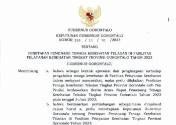 Penjabat Gubernur Gorontalo Ismail Pakaya resmi menetapkan pemenang Tenaga Kesehatan (Nakes) Teladan di Fasilitas Pelayanan Kesehatan tingkat Provinsi Gorontalo berdasarkan Surat Keputusan Gubernur Nomor 233/11/VI/2023 tanggal 14 Juni 2023.