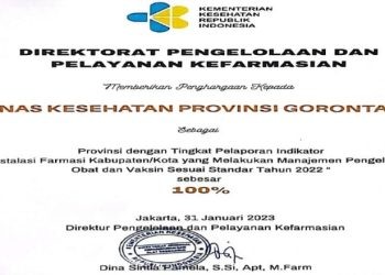 Dinkes Gorontalo Sabet Penghargaan Manajemen Pengelolaan Obat dan Vaksin Sesuai Standar.