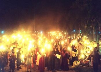 Kemeriahan pawai obor di Pohuwato dalam rangka menyambut tahun baru 1 Muharram 1445 H.(Yusuf/gopos)