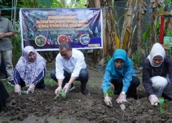 Penjagub Gorontalo Ismail Pakaya bersama Ketua TP-PKK Provinsi Gorontalo Fima Agustina, saat melakukan penanaman cabe pada pencanangan desa inflasi, yang dilaksanakan di Desa Tolotio, Kecamatan Tibawa, Kabupaten Gorontalo, Sabtu, (1/7/2023). Foto – Valen