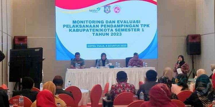 Monitoring dan evaluasi pelaksanaan pendampingan TPK Kabupaten/Kita semester tahun 2023, di Hotel Yulia, Kota Gorontalo, Selasa (8/8/2023).