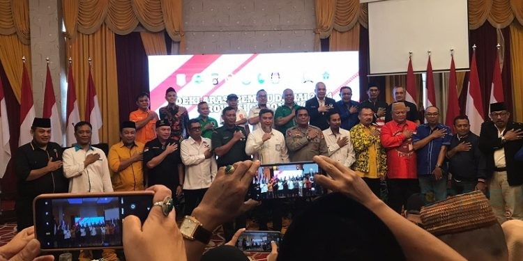 Deklarasi Pemilu Damai yang dihadiri unsur Forkopimda dan pimpinan partai politik di Provinsi Gorontalo, Rabu (30/8/2023).(F. Rama/gopos)