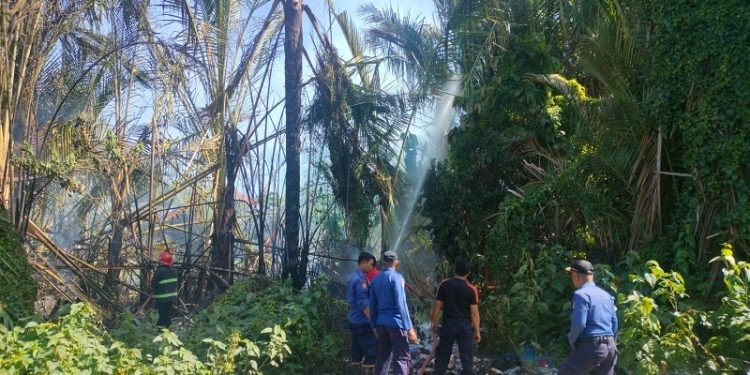 Petugas Damkar saat memadamkan api yang membakar lahan di dekat pemukiman warga di Kelurahan Dulomo Selatan, Kecamatan Kota Utara, Kota Gorontalo, Rabu (9/8/2023). (F. Putra/gopos)