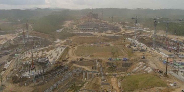 Foto udara proses pembangunan di Kawasan Inti Pusat Pemerintahan (KIPP) Ibu Kota Negara (IKN) Nusantara, Penajam Paser Utara, Kalimantan Timur. ANTARA FOTO/M Risyal Hidayat/nym