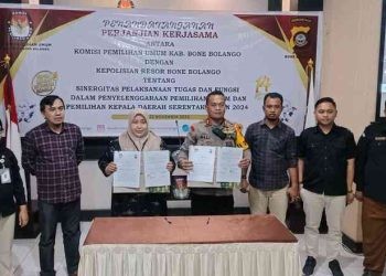 KPU Bone Bolango bersama Polres Bone Bolango sepakat kerjasama terkait penguatan tugas dan fungsi untuk pemilu di 2024.