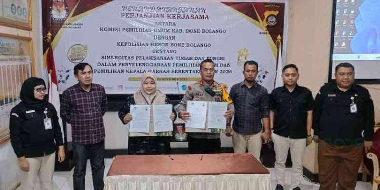 KPU Bone Bolango bersama Polres Bone Bolango sepakat kerjasama terkait penguatan tugas dan fungsi untuk pemilu di 2024.