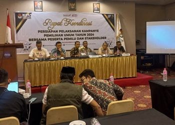 Rapat Koordinasi Persiapan Kampanye Pemilu 2024 yang diselenggarakan KPU Provinsi Gorontalo melibatkan parpol serta stakeholder, Jumat (24/11/2023) di Hotel Citimall Gorontalo.(hasan/gopos)