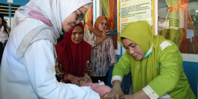 Plt Bupati Merlan S. Uloli saat meninjau langsung kegiatan pendataan stunting dan giat ukur untuk balita di Kecamatan Tapa, Jumat (10/3/2023). (F. Yudi/Sespri Wabup)