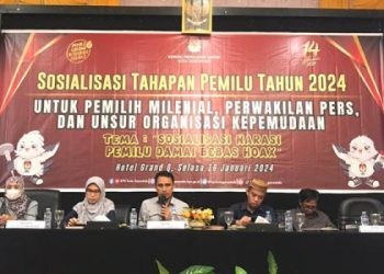 Pelaksanaan sosialisasi narasi pemilu damai bebas hoax di hotel Grand Quality (Selasa/16/01/2024) Foto: Rama/Gopos