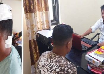 Korban pembacokan (kiri). Terduga pelaku pembacokan saat menjalani pemeriksana oleh Polres Gorontalo Utara.