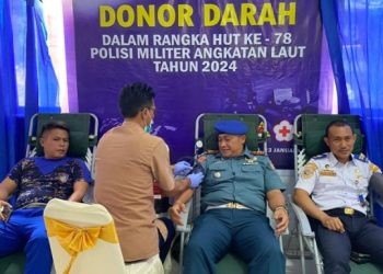 Aksi donor darah yang dilaksanakan oleh Detasemen Polisi Militer Pangkalan TNI Angkatan Laut (Denpom Lanal) Gorontalo pada peringatan HUT ke-78 POM-AL Selasa (23/1/2024). (dok. Denpom)