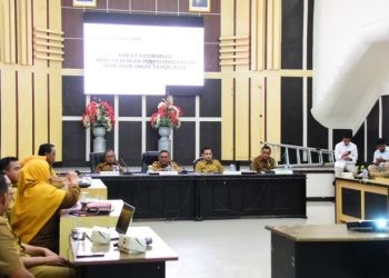 (Rakor) yang diselenggarakan Pemerintah Kota Gorontalo dalam rangka menyukseskan penyelenggaraan Pemilu, yang dipimpin Wali Kota Gorontalo, Marten Taha, Senin (12/2/2024) sore.
