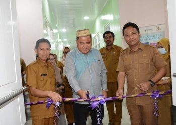Dirjen P2P Kemenkes RI Maxi Rein Rondonuwu didampingi Kepala Dinas Kesehatan Provinsi Gorontalo Anang S Otoluwa saat peresmian layanan pemeriksaan rujukan TBC XDR di RS dr Hasri Ainun Habibie, Kabupaten Gorontalo, Senin (12/2/2024).