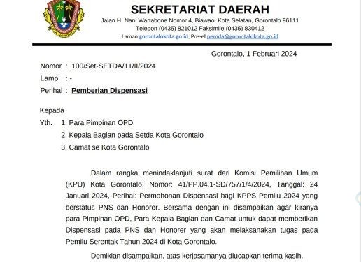 surat yang ditanda tangani pelaksana harian (Plh) Sekretaris Daerah (Sekda) Kota Gorontalo, Haryono Soeronoto pada tanggal 1 Februari 2024