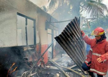 Seorang petugas Damkar saat berusaha memadamkan sisa-sisa api yang membakar sebuah rumah di Desa Ulapato, Kecamatan Telaga Biru, Kabupaten Gorontalo, Jumat (2/2/2024).
