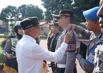 Bupati Asahan Surya saat menyematkan pin pada apel gelar pasukan Keselamatan Toba 2024, Rabu (13/3/2024).