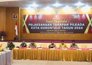 Rapat Koordinasi Penyelenggaraan Tahapan Pilkada Kota Gorontalo Tahun 2024 yang dilaksanakan KPU Kota Gorontalo bersama Pemkot Gorontalo, Selasa (23/4/2024). (Foto Rama/Gopos)