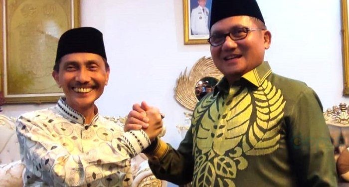 Pertemuan Walikota Gorontalo Marten Taha dan Bupati Gorontalo Nelson Pomalingo, Jumat (12/4/2024).