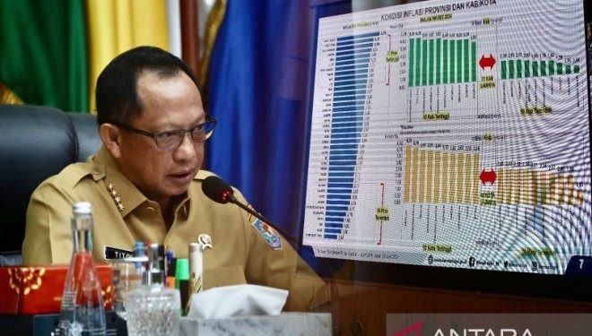 Menteri Dalam Negeri Tito Karnavian saat memimpin Rapat Koordinasi Pengendalian Inflasi Daerah di Gedung Sasana Bhakti Praja (SBP) Kantor Pusat Kementerian Dalam Negeri (Kemendagri), Jakarta, Senin (29/4/2024). (ANTARA/HO-Puspen Kemendagri)