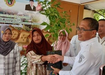 Sekda Kota Gorontalo, Ismail Madjid, didampingi Kepala Perwakilan BI Provinsi Gorontalo, Dian Nugraha, menyerahkan bibit cabai dalam rangka upaya pengendalian inflasi