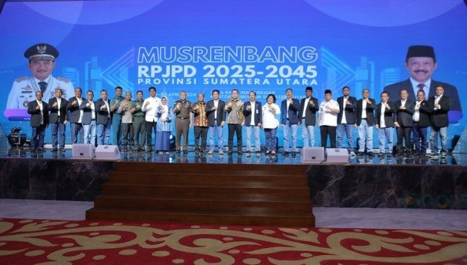 Musrenbang RPJPD Sumut Tahun 2025-2045 yang dibuka Pj Gubernur Sumut, bertempat di aula Raja Inal Siregar, kantor Gubernur Sumut, Medan, Senin (29/4/2024).