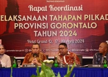 Rapat koordinasi pelaksanaan tahapan Pilkada Provinsi Gorontalo tahun 2024, bertempat ballroom Hotel Grand Q, Rabu malam (17/4/2024). (Foto : Andika)