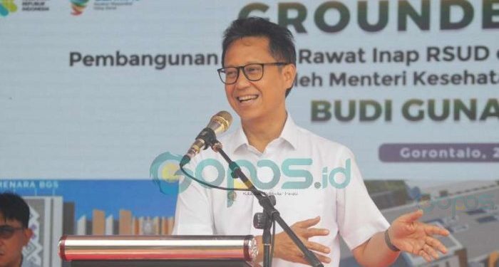 Menteri Kesehatan, Budi Gunadi Sadikin saat memberikan sambutan di mencanangkan pembangunan gedung rawat inap Rumah Sakit Umum Daerah (RSUD) dr. Hasri Ainun Habibie di Kecamatan Limboto, Kabupaten Gorontalo, Jumat (24/5/2024).