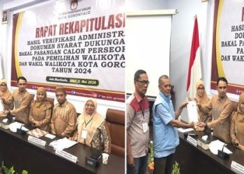 KPU Kota Gorontalo menyampaikan hasil verifikasi administrasi syarat dukungan calon perseorangan paslon RAMAH (kiri) dan AIR (kanan), Jumat (31/4/2024).(Rama/Gopos)